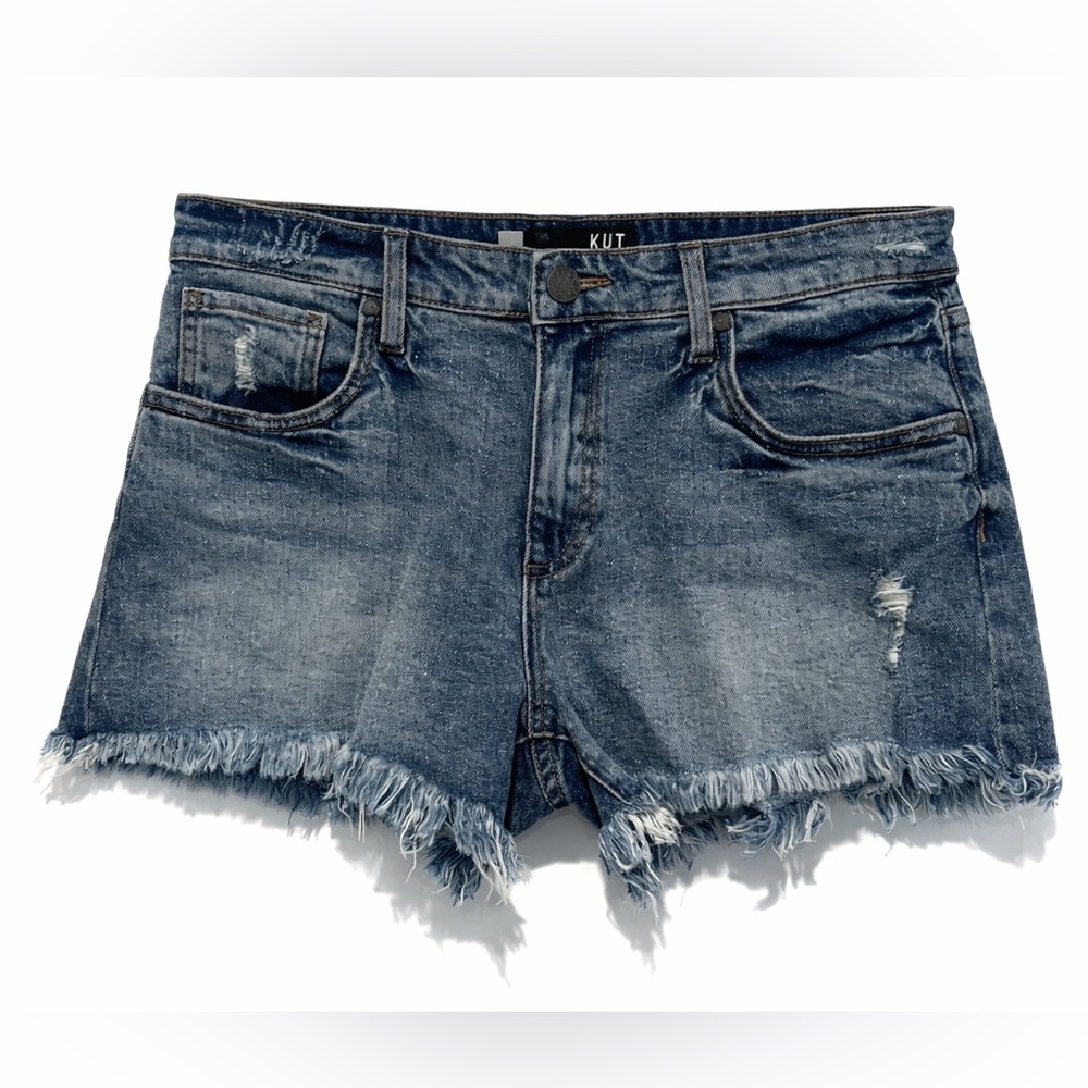KUT from the Kloth Jane High Rise Jean Denim Shorts Distressed Frayed Hem Size 6